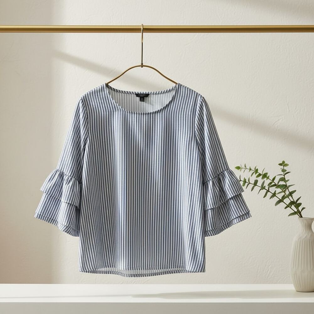 Ann Taylor Women's Striped Sexy Shirt Black/White 3/4 Sleeve Size L P Petite